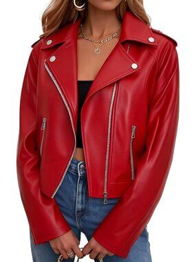 Women's Red Polyurethane Cropped Coat Cute Short Zip Up Vintage Leather Jacket